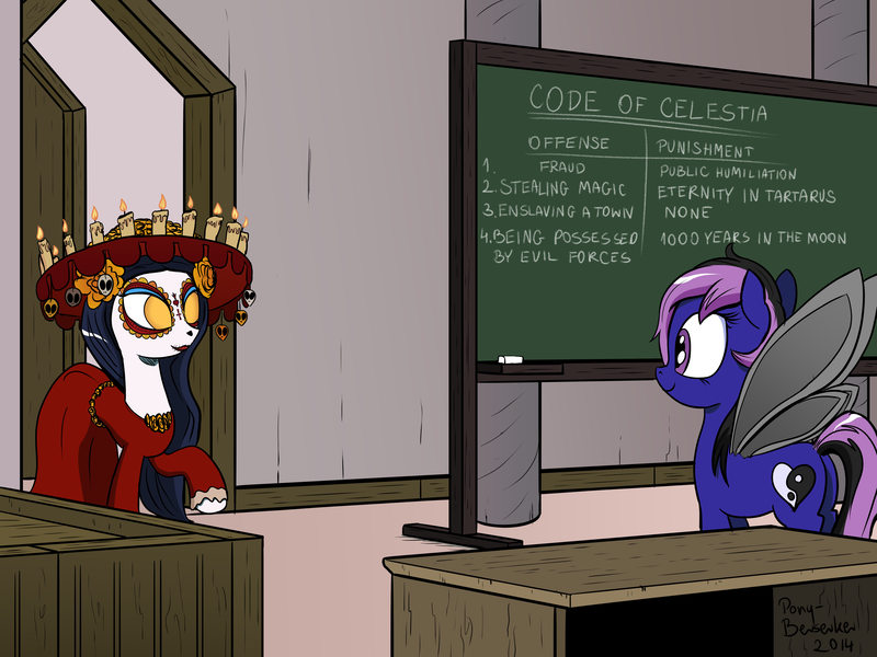 Size: 2759x2069 | Tagged: artist:pony-berserker, chalkboard, crossover, derpibooru import, flutter pony, la muerte, oc, oc:saphire, ponified, safe, the book of life, trollestia