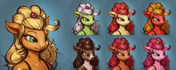 Size: 4500x1800 | Tagged: absurd resolution, alternate hairstyle, anthro, apple bloom, apple family, applejack, applejewel, artist:assasinmonkey, babs seed, big macintosh, derpibooru import, granny smith, macareina, older, pinkie pie, ponified, recolor, rule 63, safe, winona, younger
