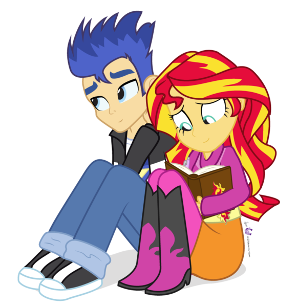 Size: 870x900 | Tagged: safe, artist:dm29, derpibooru import, flash sentry, sunset shimmer, human, equestria girls, book, clothes, cute, female, flashimmer, humanized, journal, looking away, male, shipping, shy, simple background, sitting, smiling, straight, sweater, transparent background, vector