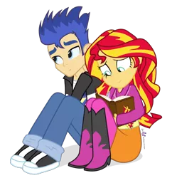 Size: 870x900 | Tagged: safe, artist:dm29, derpibooru import, flash sentry, sunset shimmer, human, equestria girls, book, clothes, cute, female, flashimmer, humanized, journal, looking away, male, shipping, shy, simple background, sitting, smiling, straight, sweater, transparent background, vector