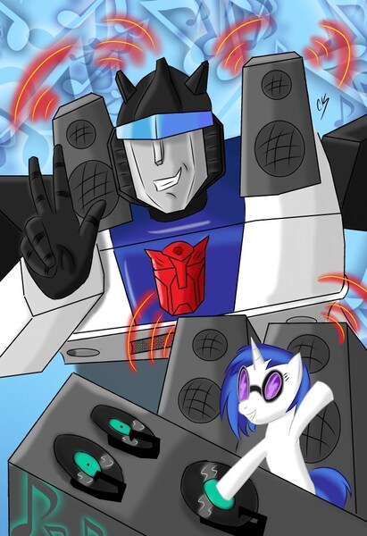 Size: 709x1036 | Tagged: artist:kartoon12, derpibooru import, jazz, safe, transformers, vinyl scratch