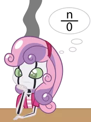 Size: 3800x5051 | Tagged: safe, artist:apony4u, derpibooru import, sweetie belle, robot, friendship is witchcraft, equestria girls, divide by zero, error, logic bomb, math, simple background, smoke, solo, sweetie bot, thinking, thought bubble, transparent background