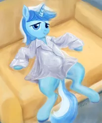 Size: 4578x5528 | Tagged: absurd resolution, artist:aponty, clothes, derpibooru import, dock, explicit source, female, minuette, oversized clothes, shirt, silk, silk pajamas, solo, solo female, suggestive