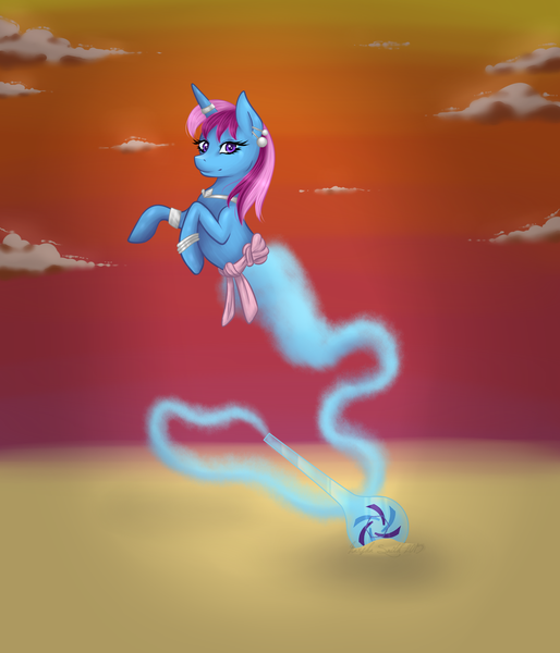 Size: 1452x1696 | Tagged: safe, artist:oosolareclipseoo, derpibooru import, oc, oc:parcly taxel, unofficial characters only, alicorn, genie, pony, albumin flask, alicorn oc, bracelet, djinn, earring, floating, horn ring, looking at you, necklace, shantae, solo, sunset