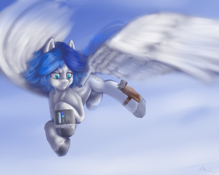 Size: 1500x1200 | Tagged: artist:shinzm1911, derpibooru import, fallout equestria, flying, gun, holster, oc, oc:sapphire sights, pipbuck, pistol, safe, solo, unofficial characters only