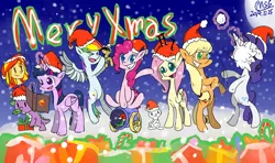 Size: 2700x1600 | Tagged: safe, artist:msg, derpibooru import, angel bunny, applejack, fluttershy, gummy, pinkie pie, rainbow dash, rarity, spike, sunset shimmer, twilight sparkle, twilight sparkle (alicorn), alicorn, pony, female, hat, journey book, mane seven, mane six, mare, pixiv, santa hat, snow, snowfall