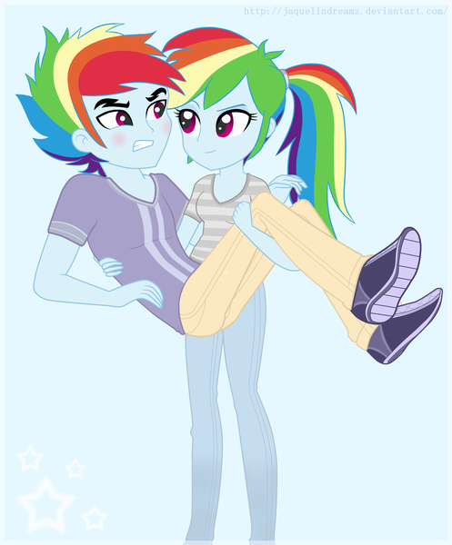 Size: 3544x4280 | Tagged: dead source, safe, artist:jaquelindreamz, derpibooru import, rainbow dash, equestria girls, blushing, carrying, dashblitz, equestria guys, female, male, rainbow blitz, rule 63, self ponidox, selfcest, shipping, straight