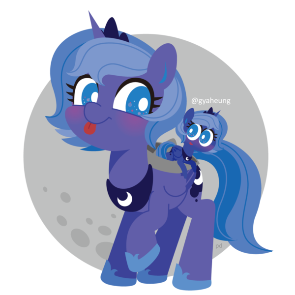 Size: 1024x1024 | Tagged: dead source, safe, artist:pixiedot9, derpibooru import, princess luna, :p, blushing, cute, diabetes, filly, hat, leaning, lunabetes, moon, paper hat, raised hoof, self ponidox, simple background, smiling, tongue out, transparent background, woona