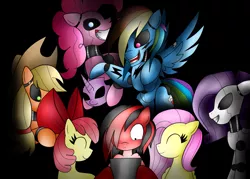 Size: 1681x1203 | Tagged: animatronic, apple bloom, applejack, artist:mytatsur, creepy, derpibooru import, five nights at freddy's, fluttershy, oc, parody, pinkie pie, rainbow dash, rarity, request, semi-grimdark, what has science done