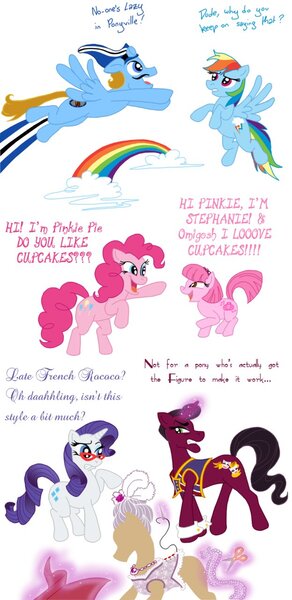 Size: 623x1282 | Tagged: safe, artist:ladykeane, derpibooru import, pinkie pie, rainbow dash, rarity, ponified, earth pony, pegasus, pony, unicorn, crossover, lazytown, pink, robbie rotten, sportacus, stephanie, stephanie meanswell, stepony