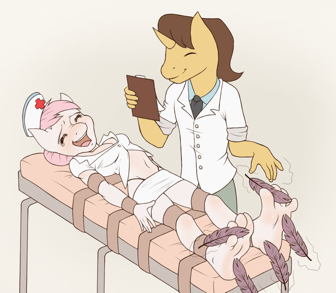Size: 1186x1031 | Tagged: anthro, artist:wtfeather, barefoot, belly button, bondage, bondage furniture, breasts, cleavage, clothes, derpibooru import, doctor horse, doctor stable, feather, feet, female, laughing, magic, male, midriff, nurse, nurse redheart, panties, plantigrade anthro, restraints, shipping, skirt, soles, stableheart, straight, straps, suggestive, thong, tickle torture, tickling, tied down, toes, underwear