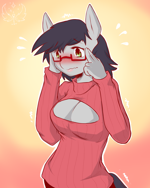 Size: 1280x1600 | Tagged: anthro, artist:cold-blooded-twilight, big breasts, blushing, breasts, clothes, commission, cute, derpibooru import, female, keyhole turtleneck, oc, oc:jaded pencil, open-chest sweater, safe, sweater, turtleneck, unofficial characters only