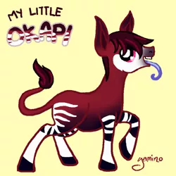 Size: 500x500 | Tagged: artist:yamino, blue tongue, creme background, derpibooru import, donkey ears, leonine tail, long tongue, my little okapi, okapi, safe, signature, solo, zebra legs