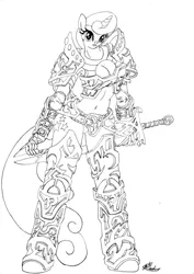 Size: 601x850 | Tagged: anthro, armor, artist:nachtana, crossover, derpibooru import, hordes, monochrome, ponified, safe, sword, traditional art, twinkleshine, warmahordes