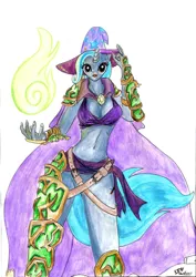 Size: 636x900 | Tagged: anthro, artist:nachtana, cape, clothes, crossover, derpibooru import, glowing hands, hordes, mage, ponified, safe, traditional art, trixie, warmahordes