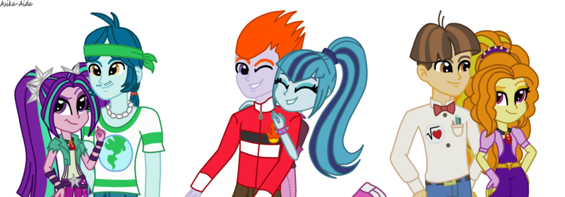 Size: 3213x1119 | Tagged: safe, artist:asika-aida, derpibooru import, adagio dazzle, aria blaze, captain planet, heath burns, sonata dusk, wiz kid, equestria girls, rainbow rocks, background human, caparia, care root, couple, female, heathdusk, male, shipping, straight, the dazzlings