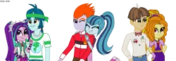 Size: 3213x1119 | Tagged: safe, artist:asika-aida, derpibooru import, adagio dazzle, aria blaze, captain planet, heath burns, sonata dusk, wiz kid, equestria girls, rainbow rocks, background human, caparia, care root, couple, female, heathdusk, male, shipping, straight, the dazzlings