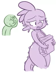 Size: 371x474 | Tagged: artist:shoutingisfun, barb, book, booty had me like, derpibooru import, dragon, female, human, oc, oc:anon, rule 63, safe, simple background, spike, sweat, sweating towel guy, white background