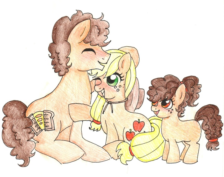 Size: 2560x2024 | Tagged: applejack, artist:unoriginai, blushing, cheesejack, cheese sandwich, crack shipping, cute, family, female, filly, hat, oc, offspring, parent:applejack, parent:cheese sandwich, parents:cheesejack, safe, shipping, traditional art