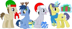 Size: 1405x569 | Tagged: safe, artist:chainchomp2, derpibooru import, blues, comet tail, crescent pony, lucky clover, mane moon, noteworthy, earth pony, pegasus, pony, unicorn, christmas, clothes, elf hat, hat, hearth's warming, male, present, reindeer antlers, santa hat, scarf, simple background, sitting, stallion, transparent background, vector