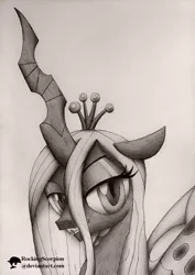 Size: 1061x1500 | Tagged: artist:rockingscorpion, changeling, changeling queen, derpibooru import, female, monochrome, portrait, queen chrysalis, safe, solo, traditional art