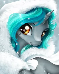 Size: 576x720 | Tagged: safe, artist:paintedhoofprints, derpibooru import, oc, oc:teary choir, unofficial characters only, pony, unicorn, beautiful, calm, color porn, cute, female, fluffy white hoodie, happy, hood, looking at you, mare, pretty, smiling, snow, snowfall, solo, sparkly eyes, tattoo, winter
