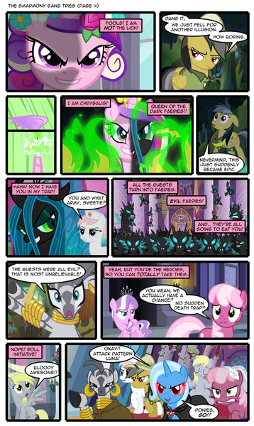 Size: 800x1340 | Tagged: safe, artist:digoraccoon, artist:newbiespud, derpibooru import, edit, edited screencap, screencap, cheerilee, daring do, derpy hooves, diamond tiara, nurse redheart, princess cadance, queen chrysalis, trixie, zecora, changeling, changeling queen, earth pony, pegasus, pony, unicorn, zebra, comic:friendship is dragons, alicorn amulet, bracelet, cloak, clothes, collaboration, comic, dialogue, disguise, disguised changeling, dungeons and dragons, ear piercing, earring, evil grin, female, floral head wreath, flower, grin, hat, jewelry, mare, neck rings, piercing, pith helmet, raised hoof, screencap comic, smarmony tries, smiling, sombra eyes, tiara