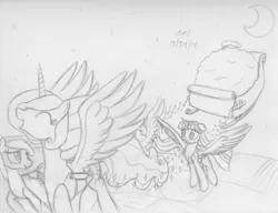 Size: 1280x981 | Tagged: safe, artist:slash-sun-slash, derpibooru import, princess cadance, princess celestia, princess luna, twilight sparkle, twilight sparkle (alicorn), alicorn, pony, alicorn tetrarchy, celestiadoodle, christmas, female, happy, mare, monochrome, sleigh, traditional art