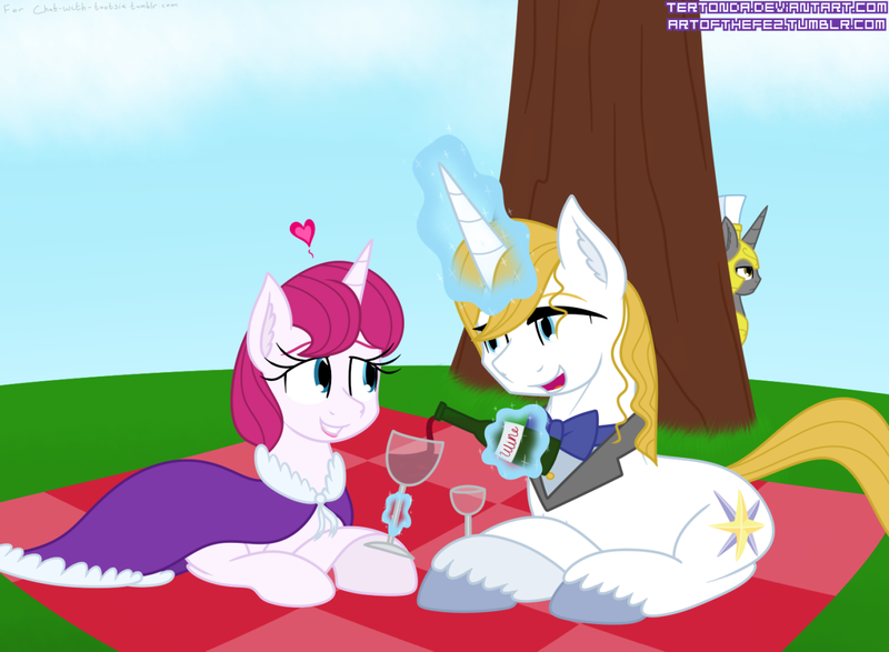 Size: 1280x939 | Tagged: artist:tertonda, derpibooru import, duchess of maretonia, ice mirror, picnic, prince blueblood, royal guard, safe, secret santa, shipping, wine