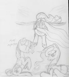 Size: 1250x1403 | Tagged: safe, artist:slash-sun-slash, derpibooru import, princess celestia, princess luna, twilight sparkle, twilight sparkle (alicorn), alicorn, pony, celestiadoodle, clothes, female, flying, heart, mare, monochrome, sweater, traditional art