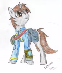 Size: 1280x1497 | Tagged: safe, artist:cloud-up, derpibooru import, oc, oc:littlepip, unofficial characters only, pony, unicorn, fallout equestria, fanfic, clothes, explicit source, fanfic art, female, mare, pipbuck, simple background, solo, traditional art, vault suit, white background