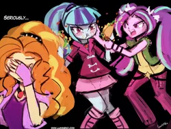 Size: 960x720 | Tagged: safe, artist:lumineko, derpibooru import, adagio dazzle, aria blaze, sonata dusk, equestria girls, rainbow rocks, 30 minute art challenge, adagio cringedazzle, eating, facepalm, fight, sonataco, taco, the dazzlings, the three stooges