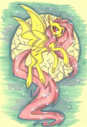 Size: 1280x1858 | Tagged: safe, artist:cloud-up, derpibooru import, fluttershy, flutterbat, moon, night, solo, traditional art