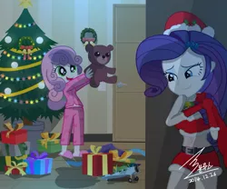 Size: 1300x1083 | Tagged: safe, artist:bluse, derpibooru import, rarity, sweetie belle, equestria girls, belly button, christmas, cleavage, clothes, cute, diasweetes, evening gloves, female, midriff, pajamas, present, santa costume, show accurate, sisters, skirt, slippers, teddy bear