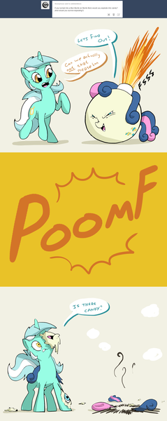 Size: 1280x3210 | Tagged: safe, artist:docwario, derpibooru import, bon bon, lyra heartstrings, sweetie drops, pony, askblankbon, bomb, engrish, explosion, lyra is not amused, traumatized, tumblr, wat