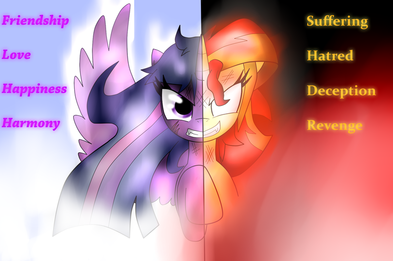 Size: 1767x1174 | Tagged: semi-grimdark, artist:mytatsur, derpibooru import, sunset shimmer, twilight sparkle, twilight sparkle (alicorn), alicorn, pony, unicorn, epic, text, there can be only one, this will end in death, this will end in tears and/or death
