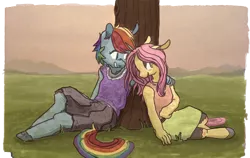 Size: 900x568 | Tagged: safe, artist:shiropoint, artist:spectralunicorn, derpibooru import, fluttershy, rainbow dash, anthro, colored, female, flutterdash, lesbian, shipping, tree