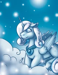 Size: 1020x1320 | Tagged: safe, artist:kiramoses, derpibooru import, oc, oc:snowdrop, unofficial characters only, alicorn, pony, cloud, cloudy, older, princess snowdrop, prone, race swap, solo