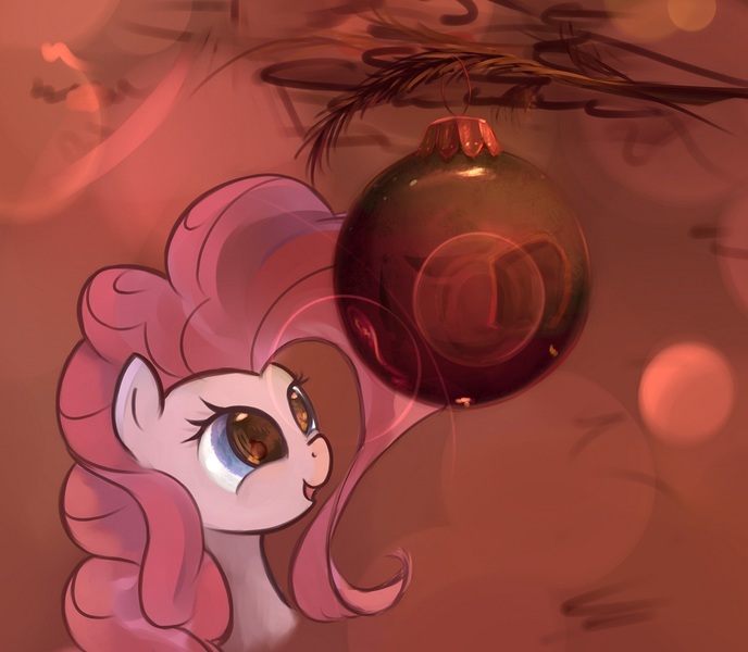 Size: 1147x1000 | Tagged: safe, artist:scootiebloom, derpibooru import, pinkie pie, bauble, christmas ornament, christmas tree, decoration, reflection, solo, tree