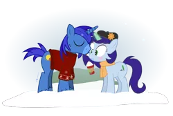 Size: 1040x700 | Tagged: artist:dm29, beverage, clothes, derpibooru import, duo, licking, oc, safe, scarf, simple background, transparent background, unofficial characters only, wintertime