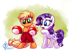 Size: 1280x948 | Tagged: safe, artist:whitediamonds, derpibooru import, applejack, rarity, earth pony, pony, unicorn, boxer, boxing, boxing day, boxing gloves, boxing shorts, clothes, female, freckles, lesbian, mare, open mouth, rarijack, rarijack daily, shipping, sweat, sweatdrop