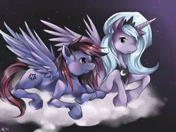 Size: 1000x750 | Tagged: safe, artist:qiisnii, derpibooru import, princess luna, oc, oc:metal sky, cloud