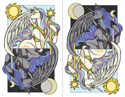 Size: 1280x989 | Tagged: safe, artist:qiisnii, derpibooru import, princess celestia, princess luna, moon, scepter, sun