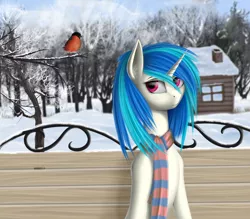 Size: 3986x3490 | Tagged: dead source, safe, artist:f13proxima, derpibooru import, vinyl scratch, bird, pony, unicorn, bare tree, bench, bullfinch, chimney, clothes, ear fluff, house, log house, robin, scarf, snow, solo, tree, window, winter