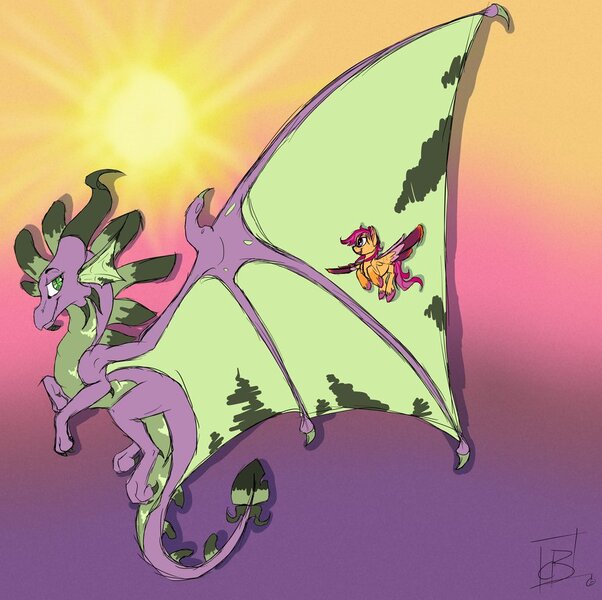 Size: 895x892 | Tagged: artist:cosmic-brownie, derpibooru import, dragon, flying, older, safe, scootaloo, scootaloo can fly, spike, spike can fly, winged spike