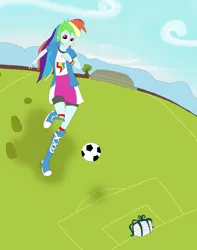 Size: 2190x2775 | Tagged: safe, artist:final7darkness, derpibooru import, rainbow dash, equestria girls, boots, clothes, compression shorts, football, giantess, high res, macro, request, requested art, skirt, wristband