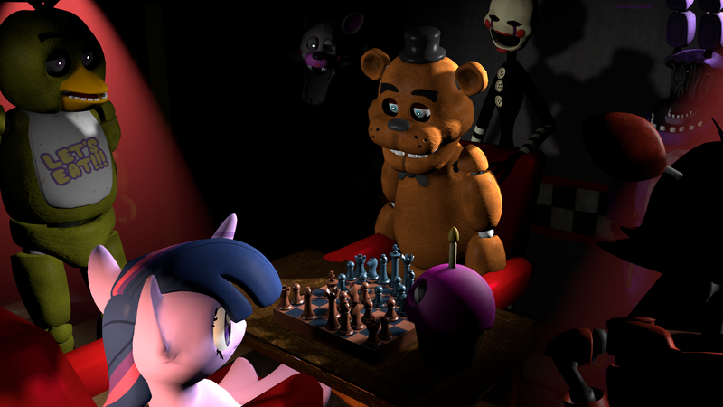 Size: 1920x1080 | Tagged: artist:princesslittlemoon, bonnie, chess, chessboard incorrectly oriented, chica, crossover, cupcake, derpibooru import, five nights at freddy's, foxy, freddy fazbear, mangle, marionette, safe, twilight sparkle