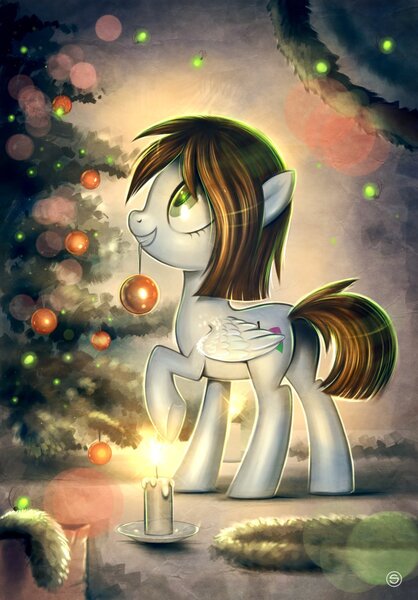 Size: 746x1070 | Tagged: safe, artist:stasysolitude, derpibooru import, oc, unofficial characters only, pegasus, pony, candle, christmas, christmas tree, tree