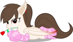 Size: 2085x1204 | Tagged: safe, artist:zacatron94, derpibooru import, oc, oc:rose petal, unofficial characters only, bat pony, pony, clothes, draw me like one of your french girls, flower, flower in mouth, mouth hold, rose, socks, solo, striped socks, sultry pose, vector