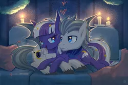 Size: 1024x683 | Tagged: safe, artist:stasysolitude, derpibooru import, oc, oc:armor shield, oc:sweet lullaby, unofficial characters only, bat pony, pony, candle, female, love, male, shipping, snuggling, straight